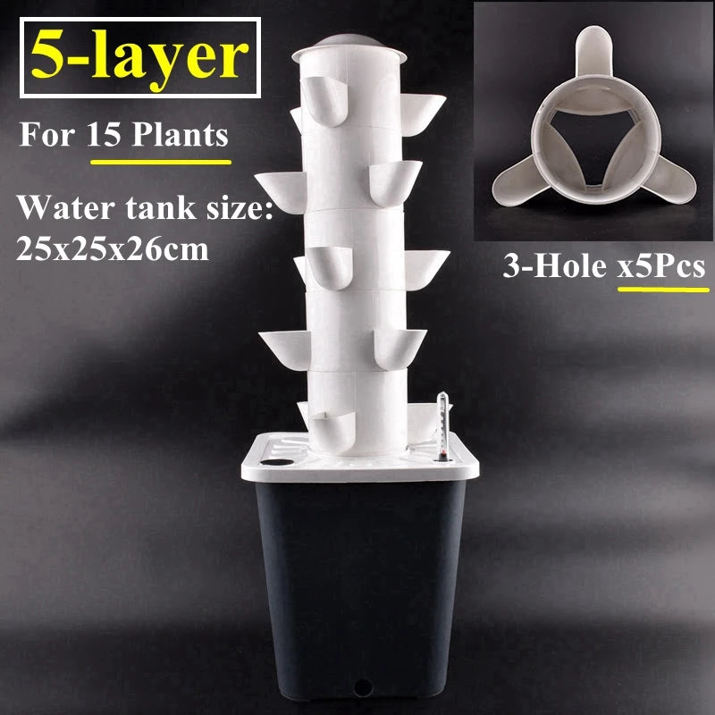 White 5-layer hydroponic tower planter with 3-hole cups, five pieces