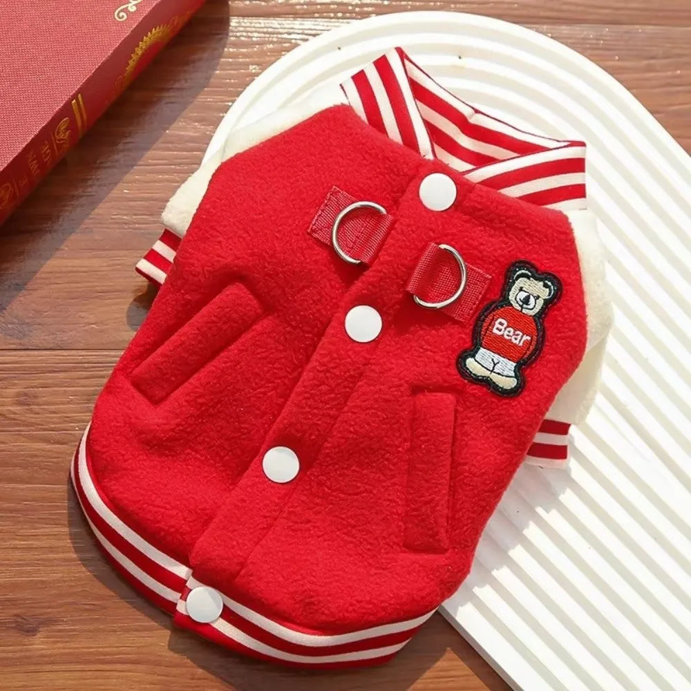 Red fleece winter dog jacket, baseball uniform style with D-ring for leash, warm outdoor coat for small pets.