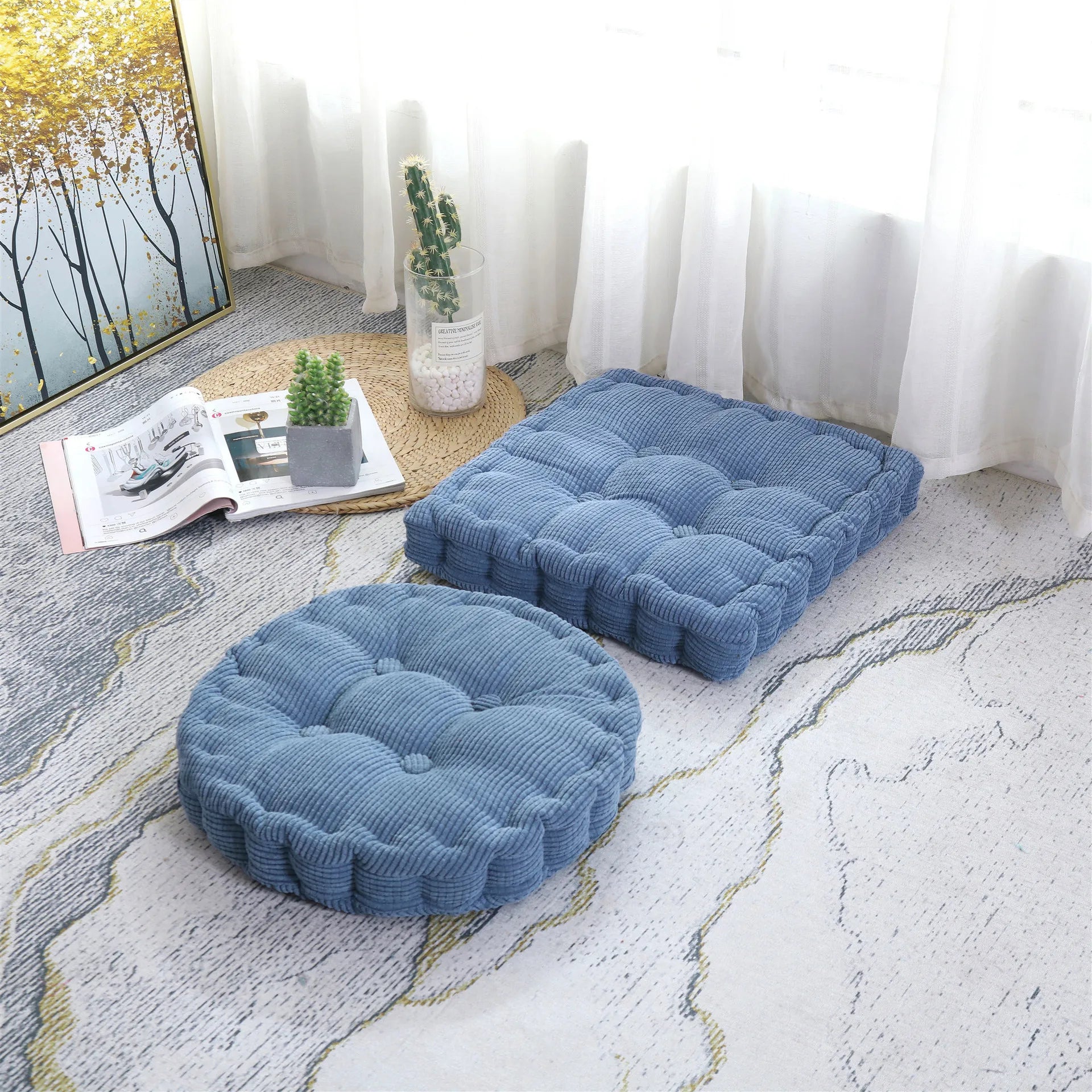 Meditation Floor Square Round Pillow For Seating Tufted Thick Pad Corduroy Cushion For Yoga Balcony Chair Seat Cushions Blue