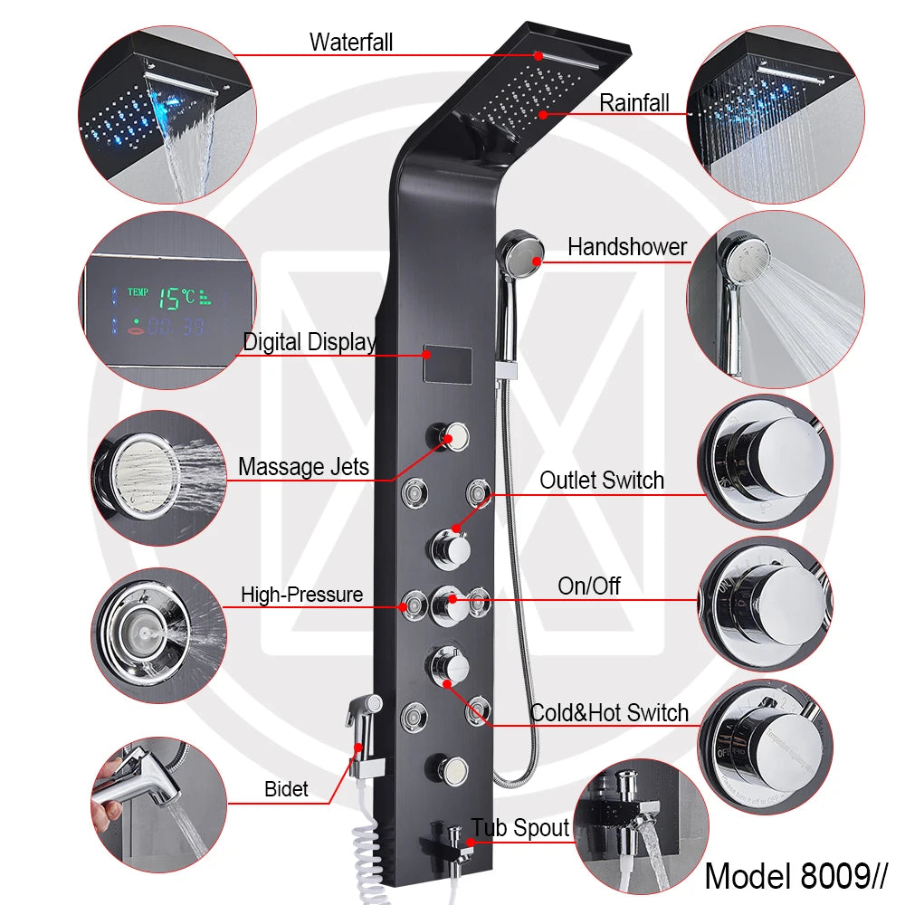 LED Light Shower Faucet Bathroom SPA Massage Jet Shower Column System Waterfall Rain Shower Panel Bidet Sprayer Tap