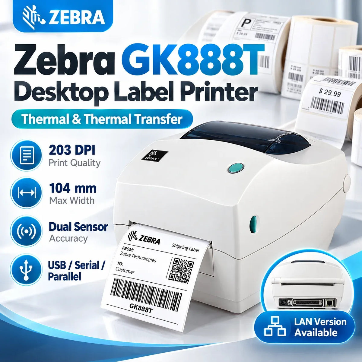 Desktop label printer with label roll, front panel, and barcode label example
