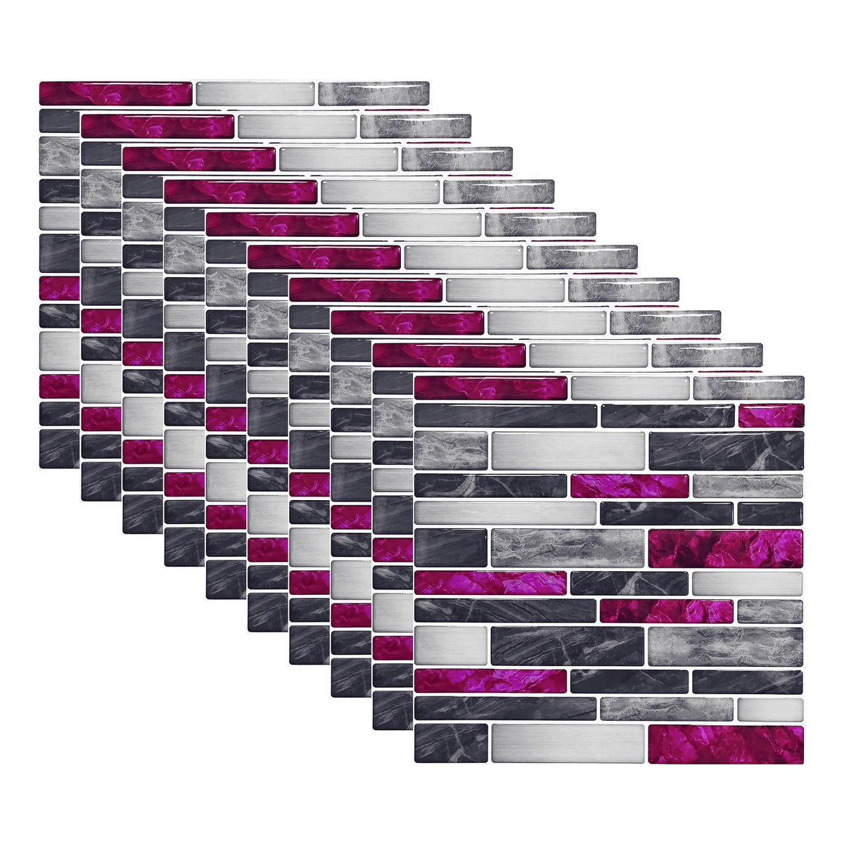 3D mosaic tile sticker set, purple and gray marble brick pattern, self-adhesive 10x10cm tiles