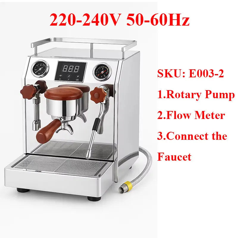 Stainless steel professional espresso machine with wood handle, rotary pump, flow meter, and dual pressure gauges.