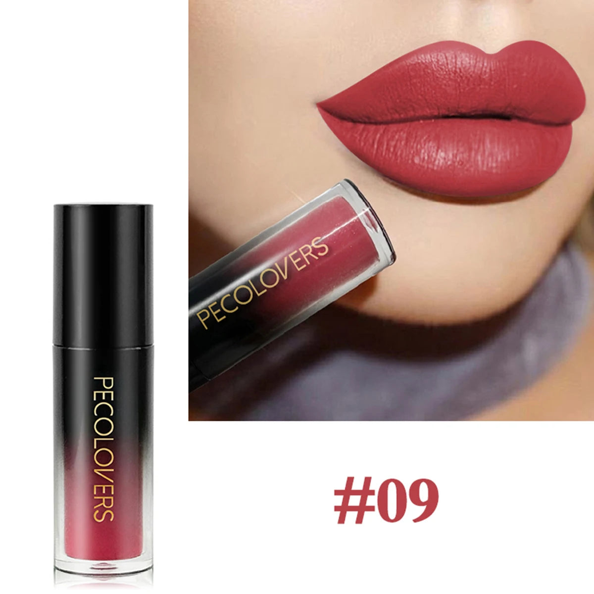 Pecolovers red liquid lipstick, long-lasting velvet matte texture shown on lips in shade #09. Non-stick waterproof makeup.