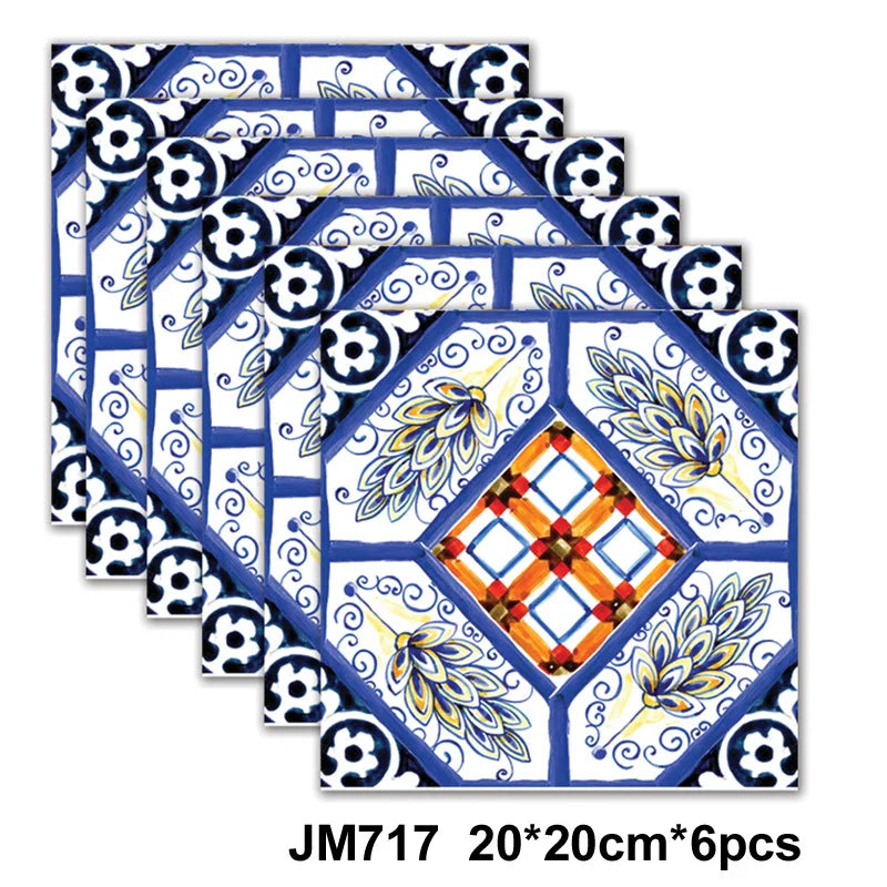Self-adhesive marble wall tile stickers, blue patterned tiles, 6-piece set