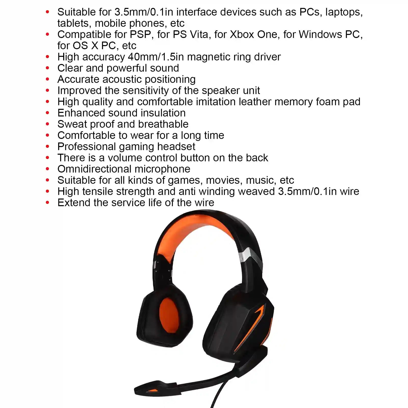 Gaming Headset with Surround Sound and Memory Foam - Black/Orange Tidesmit