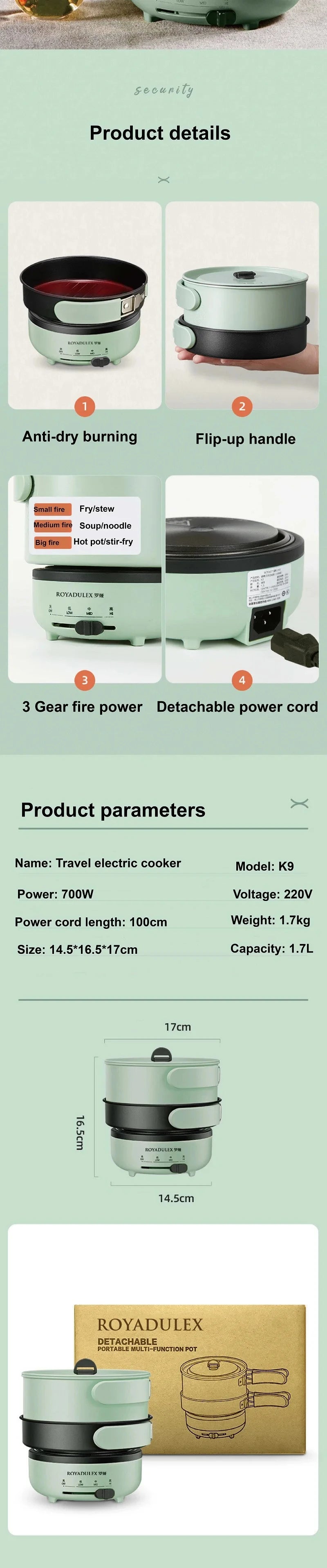 Mint green electric cooking pot diagram showing anti-burn and flip-handle features