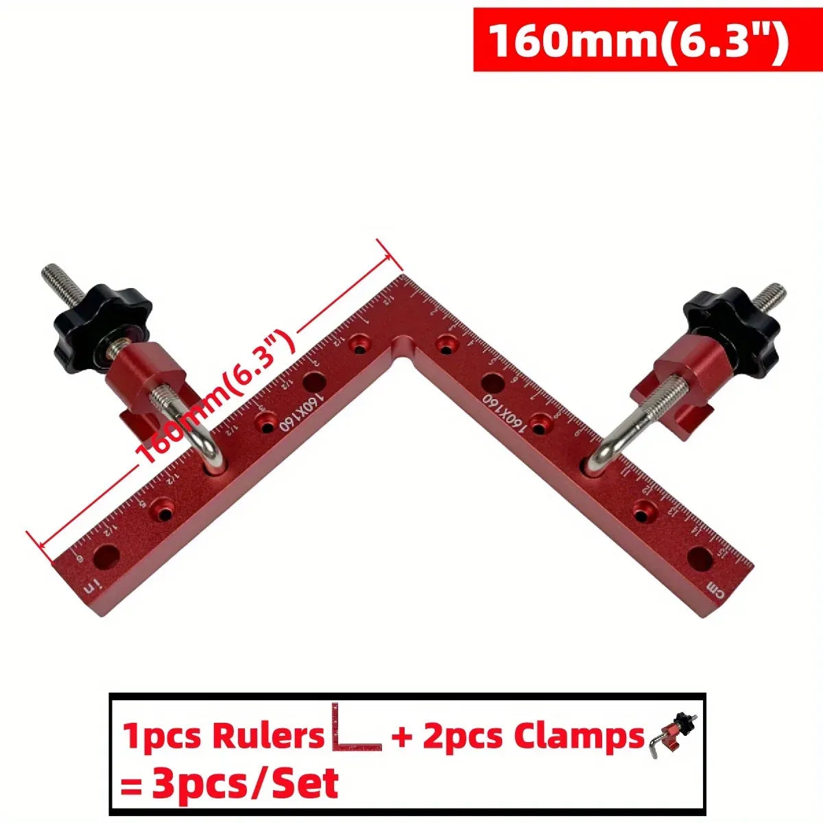 160mm red right-angle corner clamp squares with ruler scale markings and clamp handles