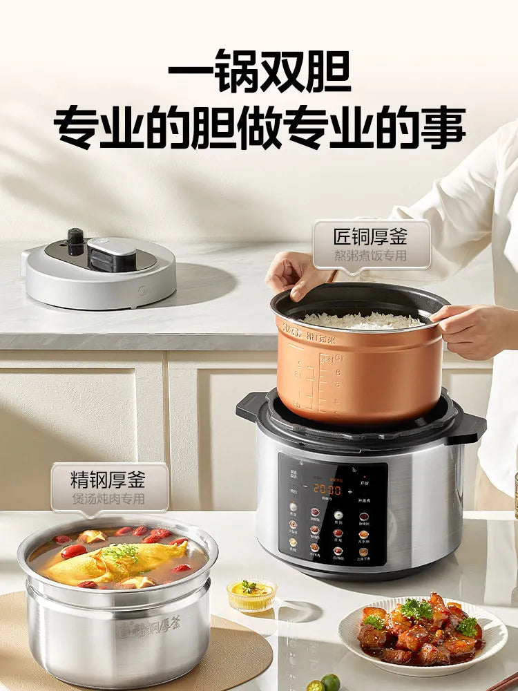 Midea electric pressure cooker with stainless pot and lid, plus another inner pot for dual cooking