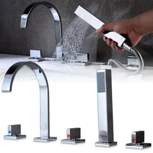 Chrome 5-hole bath mixer tap set with waterfall spout and handheld shower spray