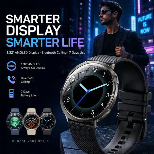 Round smartwatch with gray textured strap and dark watch face, front and side view
