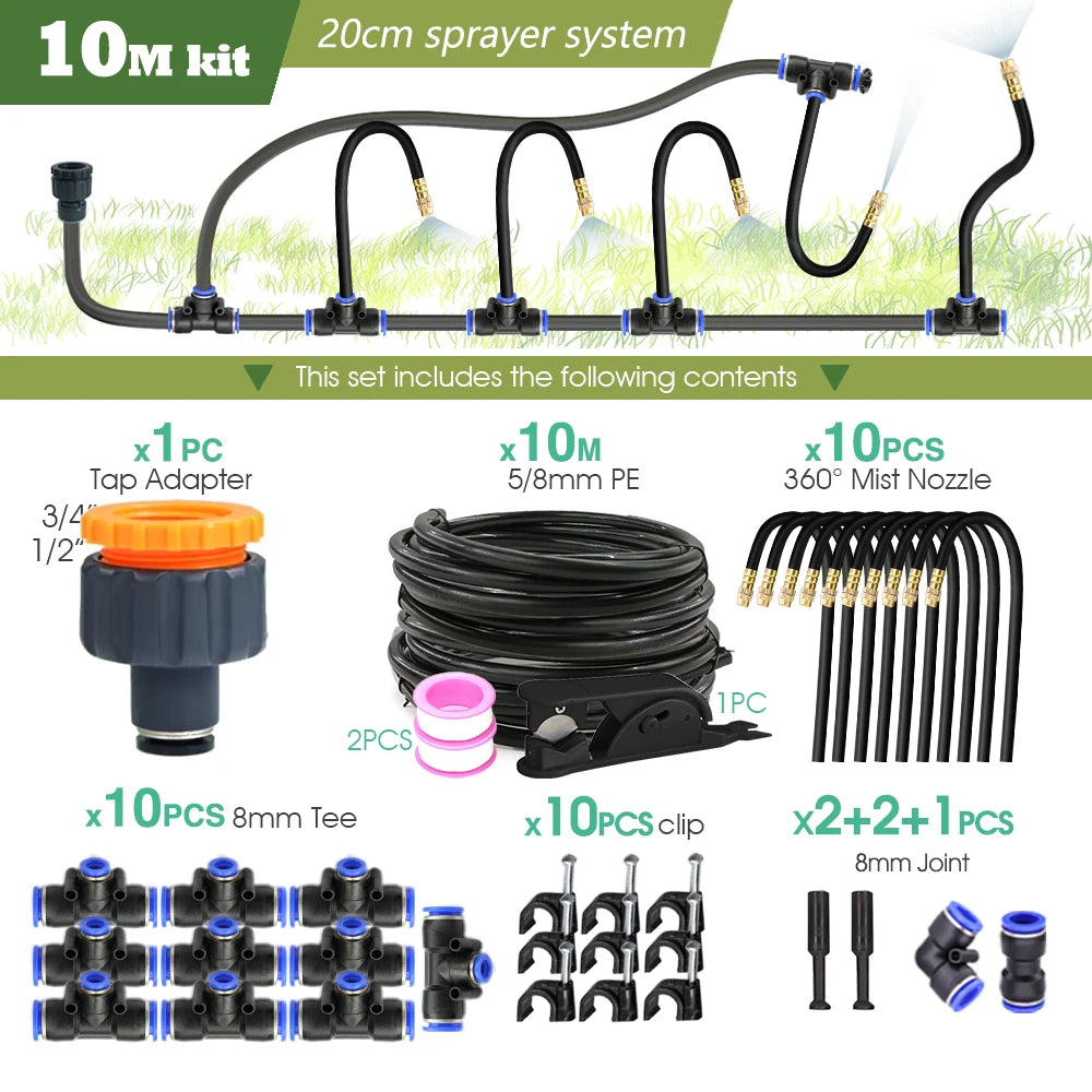 10m garden misting system kit: 5/8mm PE hose, tap adapter, 360 mist nozzles