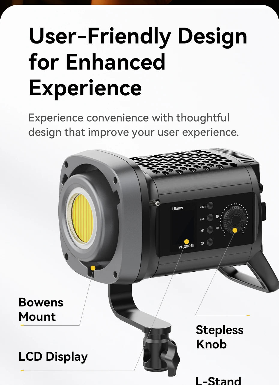 Black LED COB studio light with Bowens mount, LCD screen, adjustment knob, and L-stand for video and photography.