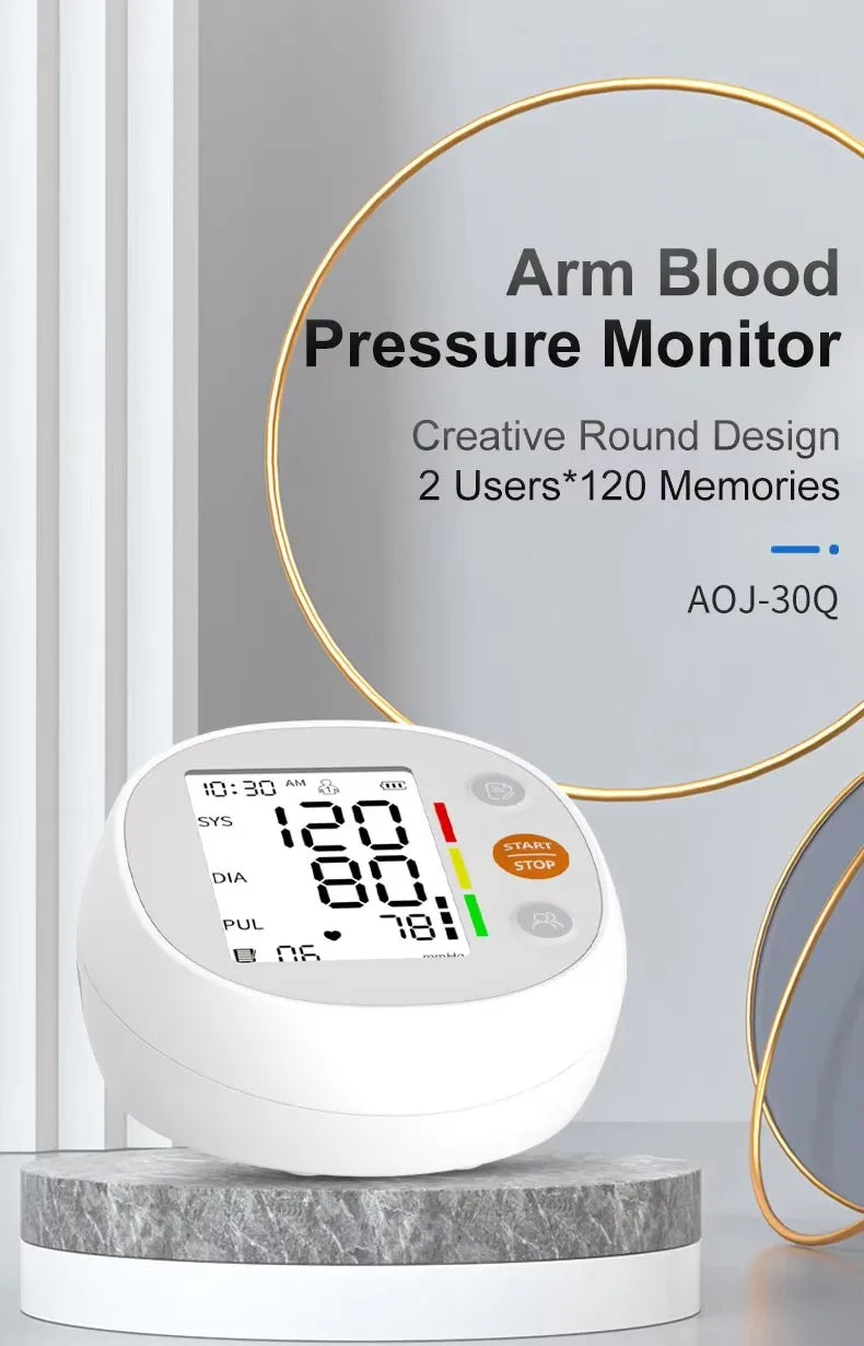 One Click Measure Round Arm Blood Pressure Monitor Automatic Backlight High Accurate Electronic BP Measuring Machine Home