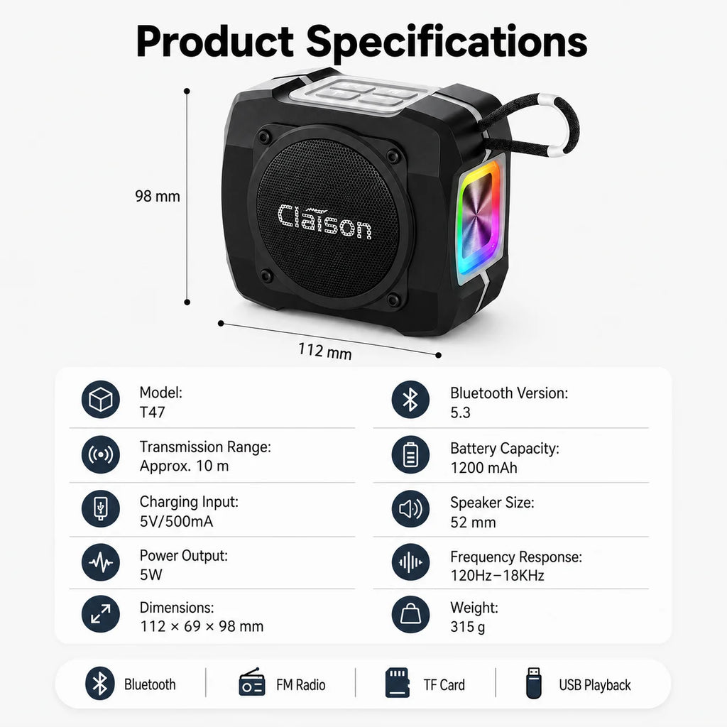 Portable Bluetooth Speaker, Bluetooth 5.3, TWS Pairing, 52mm Driver, 5W Output, 1200mAh Battery, RGB Light, FM Radio, TF Card and USB Playback, IPX6 Water Resistant Design for Outdoor, Camping, Travel and Home Use