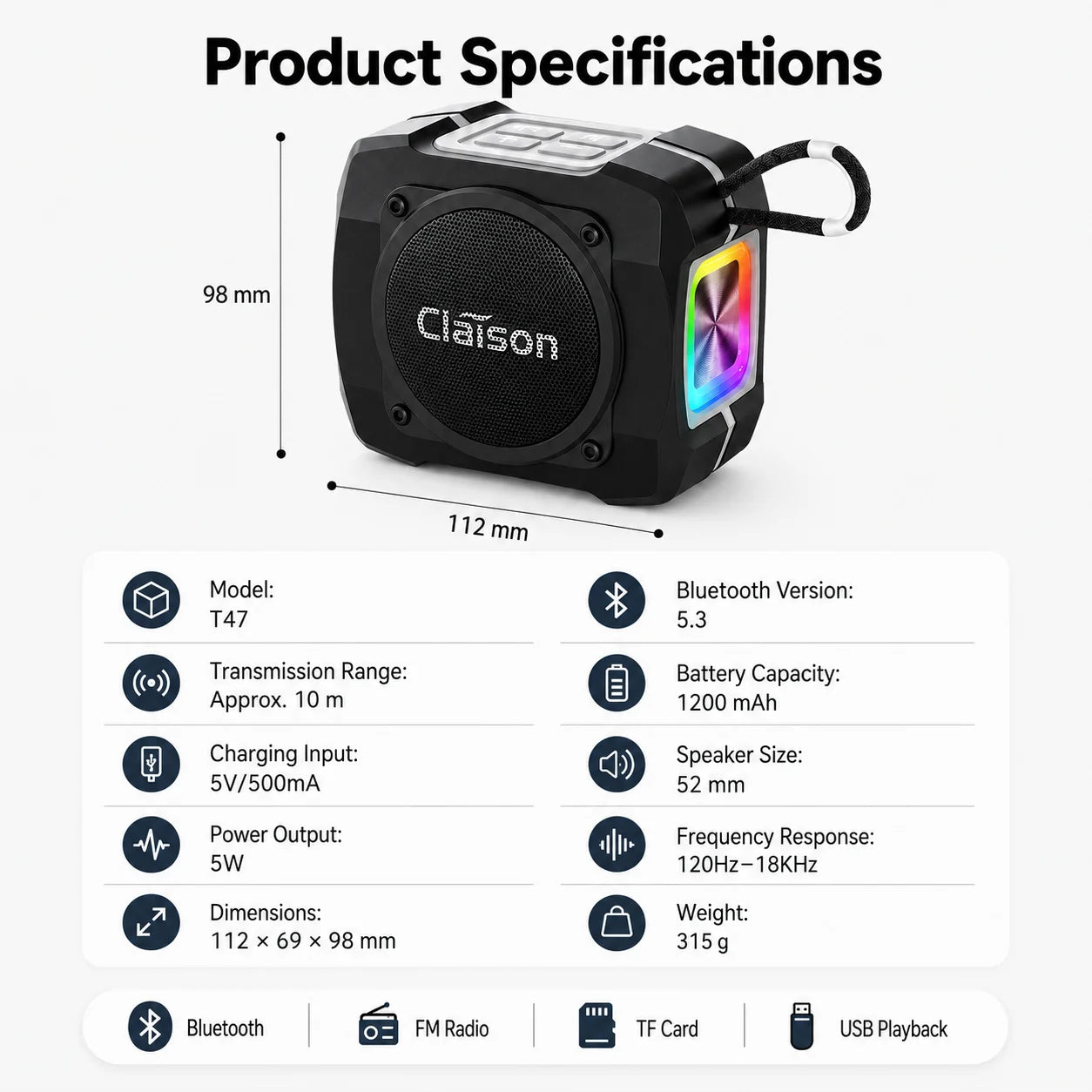 Portable Bluetooth Speaker, Bluetooth 5.3, TWS Pairing, 52mm Driver, 5W Output, 1200mAh Battery, RGB Light, FM Radio, TF Card and USB Playback, IPX6 Water Resistant Design for Outdoor, Camping, Travel and Home Use