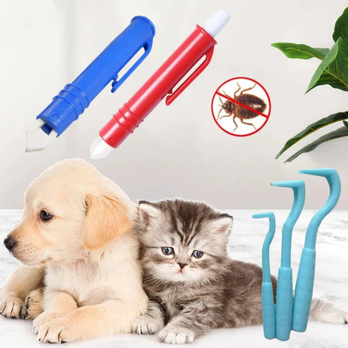 Pet flea removal tool set: blue and red tweezers with claw-like clips