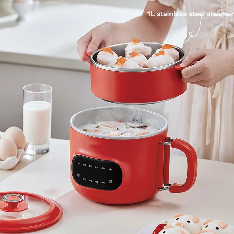 Red 2.5L electric cooking pot with inner steamer lid, side handle, and control display