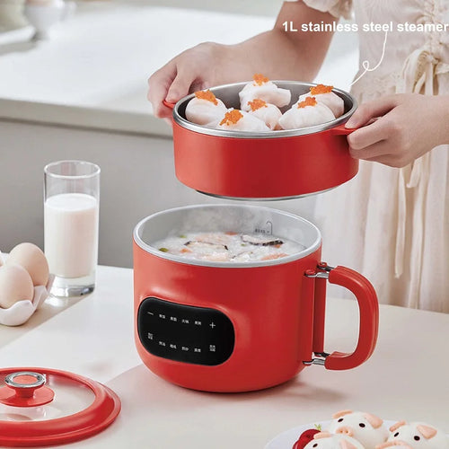 Red 2.5L electric cooking pot with inner steamer lid, side handle, and control display