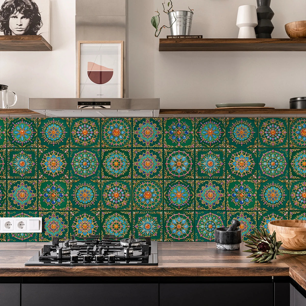 Kitchen backsplash tile wallpaper stickers with bright teal and green mandala pattern