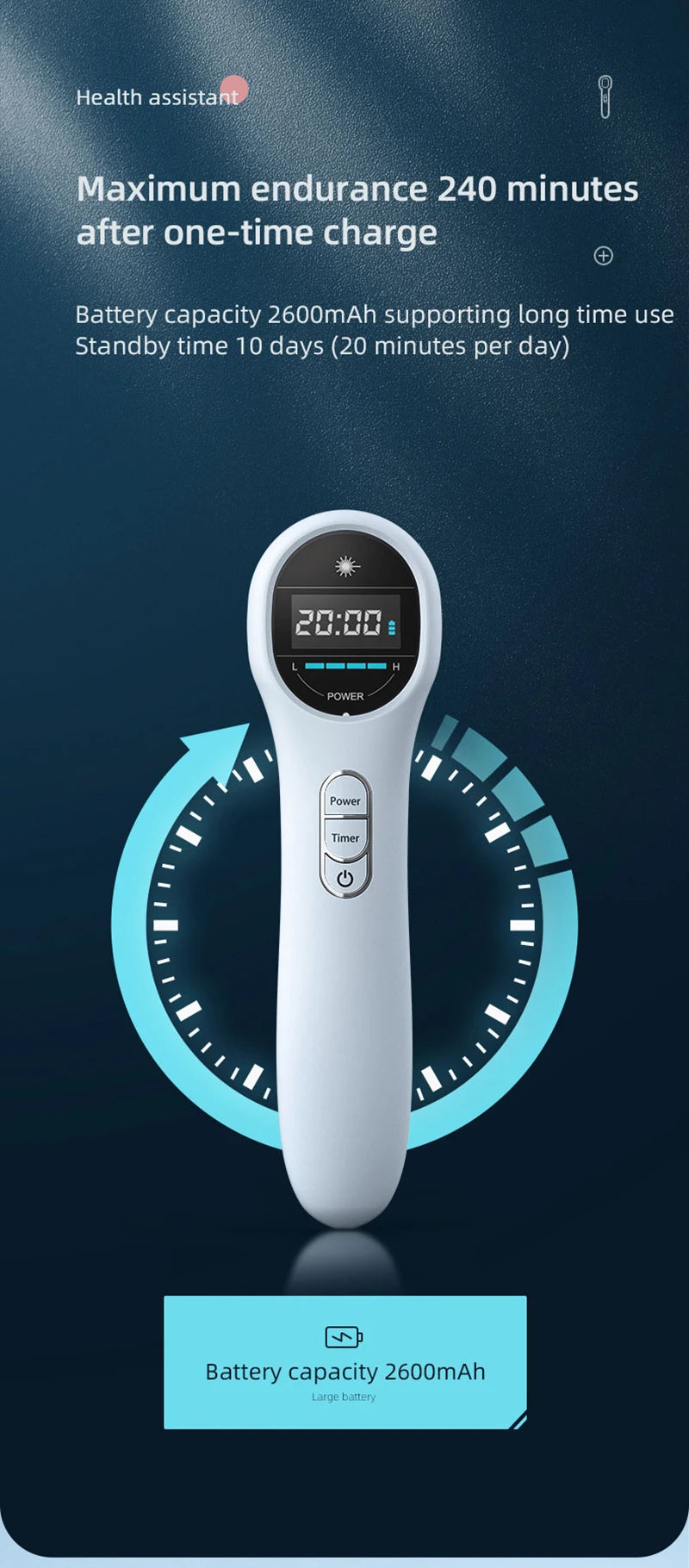 White handheld LLLT cold laser therapy device with digital display for pain relief, featuring a 2600mAh battery.