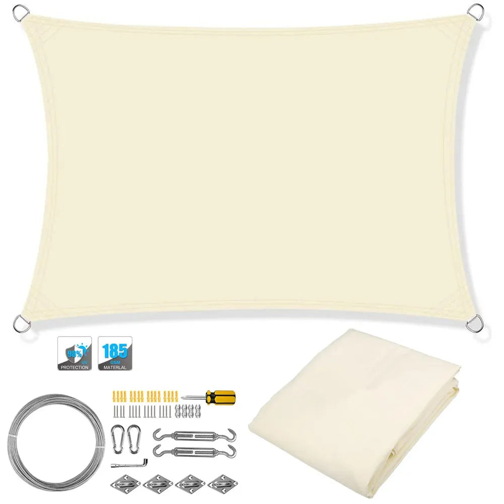 Rectangular waterproof shade sail canopy with corner grommets, light beige; folded panel shown.
