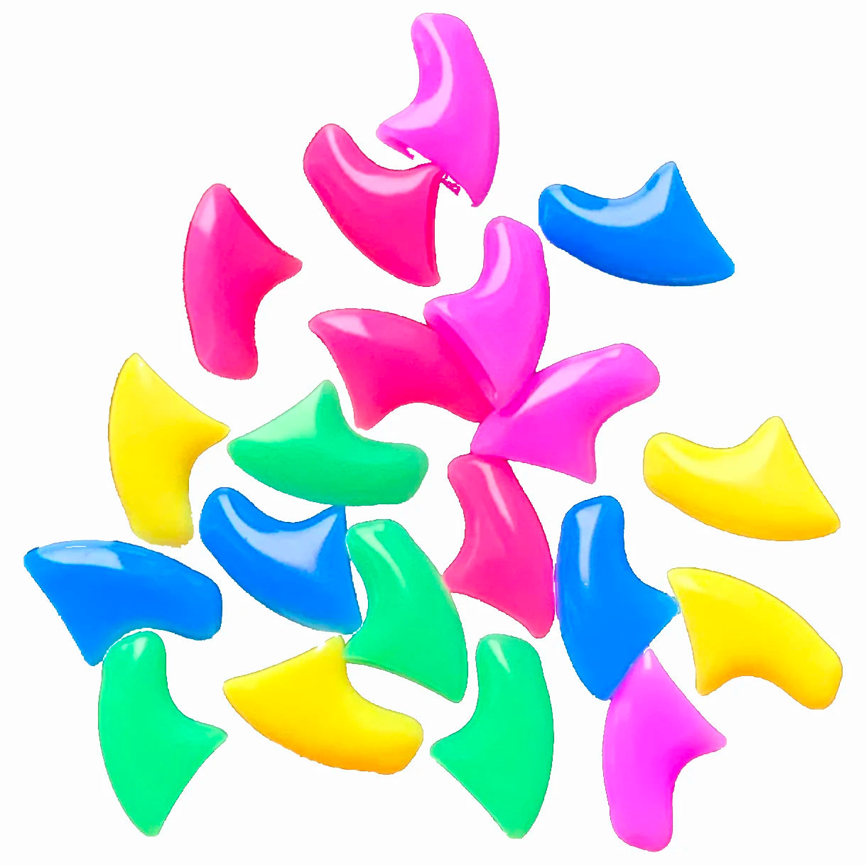 Colorful soft cat nail caps for claw protection, 20-piece set includes adhesive glue, available in XS-LG sizes.
