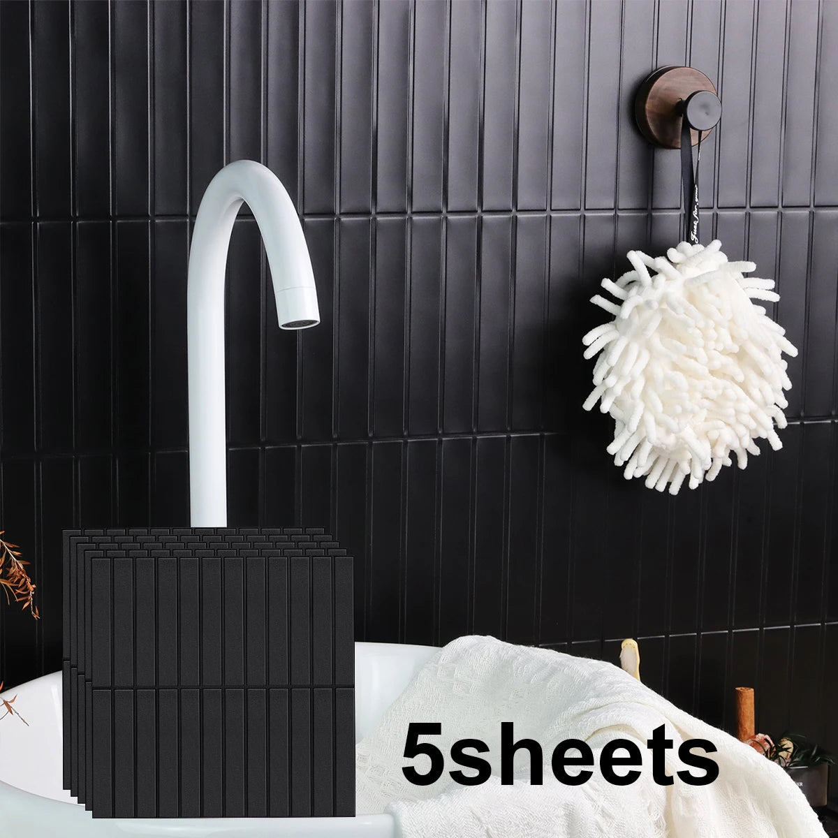 3D peel-and-stick mosaic backsplash tiles, dark wall with tile sample box near sink