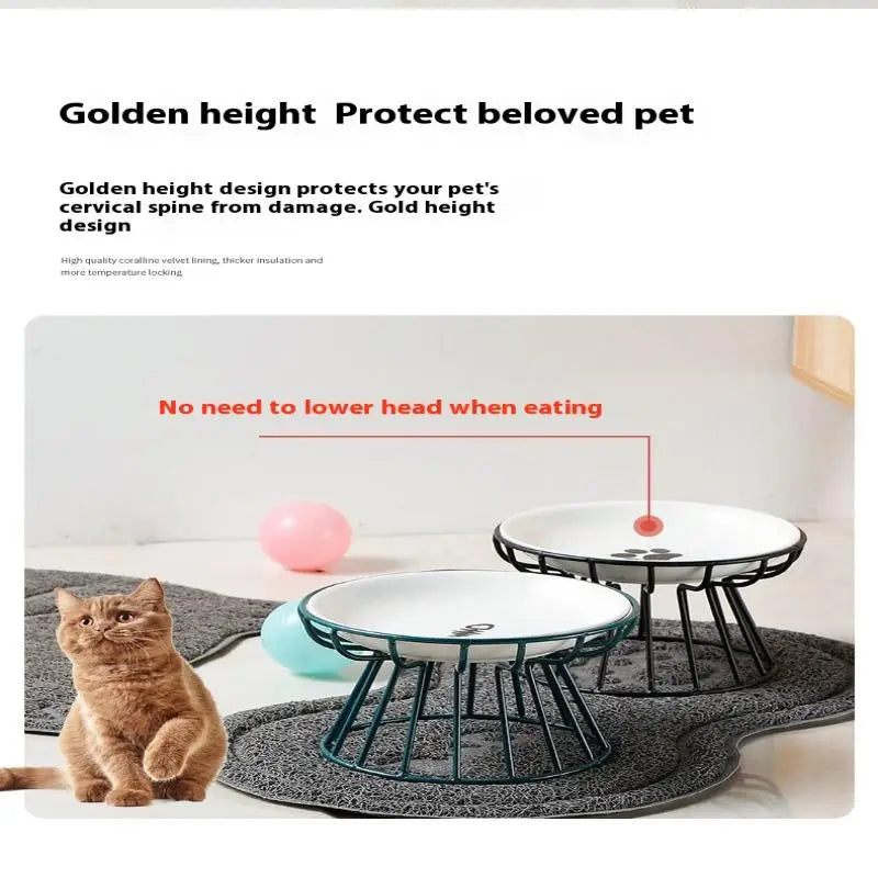 Elevated ceramic cat and dog bowls with metal stands to protect spine and improve feeding posture for pets.