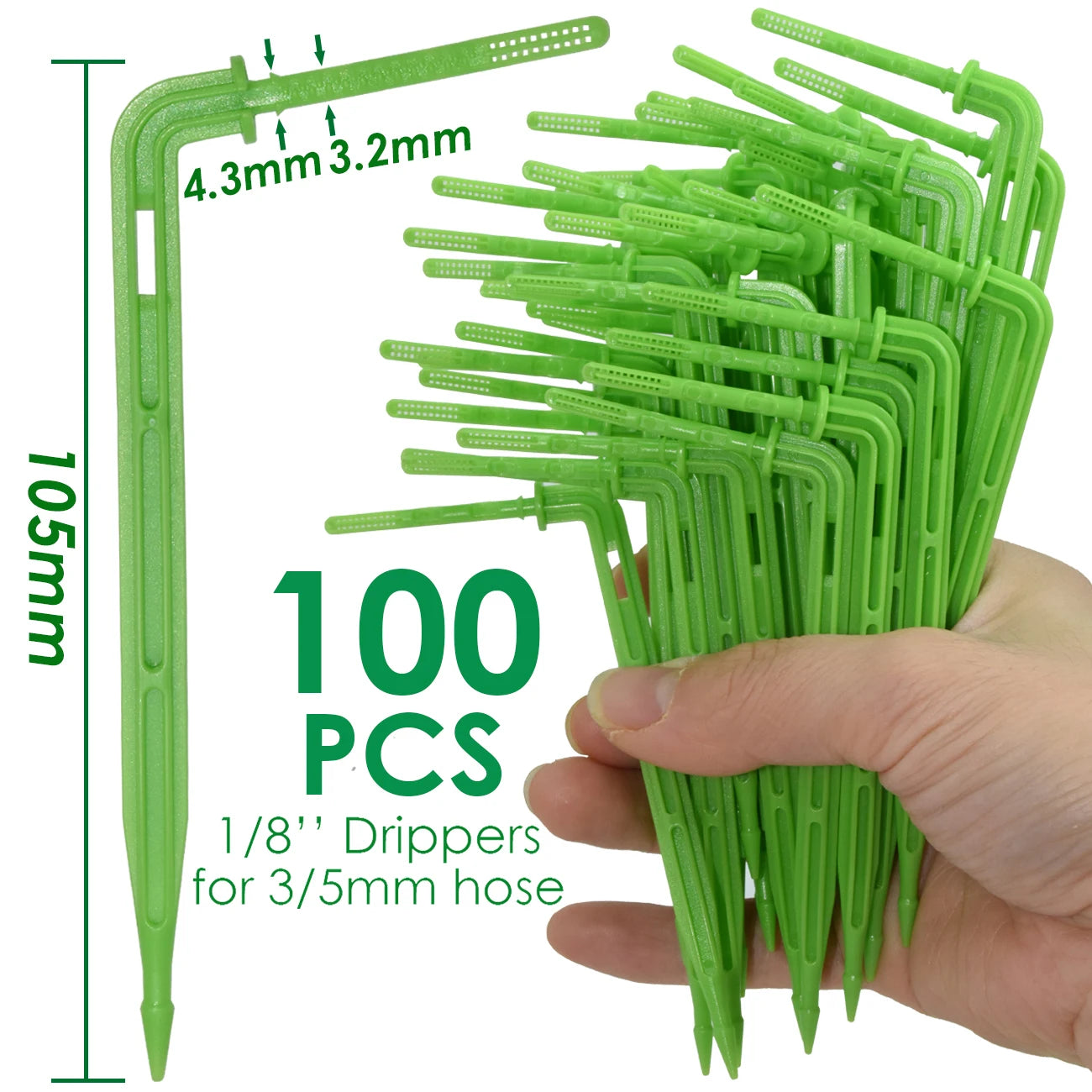Green drip dripper stake pack, 100 pcs for 3/5mm hose, with size guide