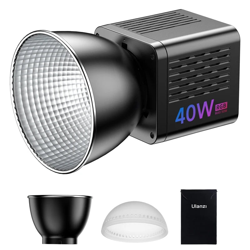 40W RGB LED video light with reflector, dome diffuser, and carrying bag for studio photography and content creation.