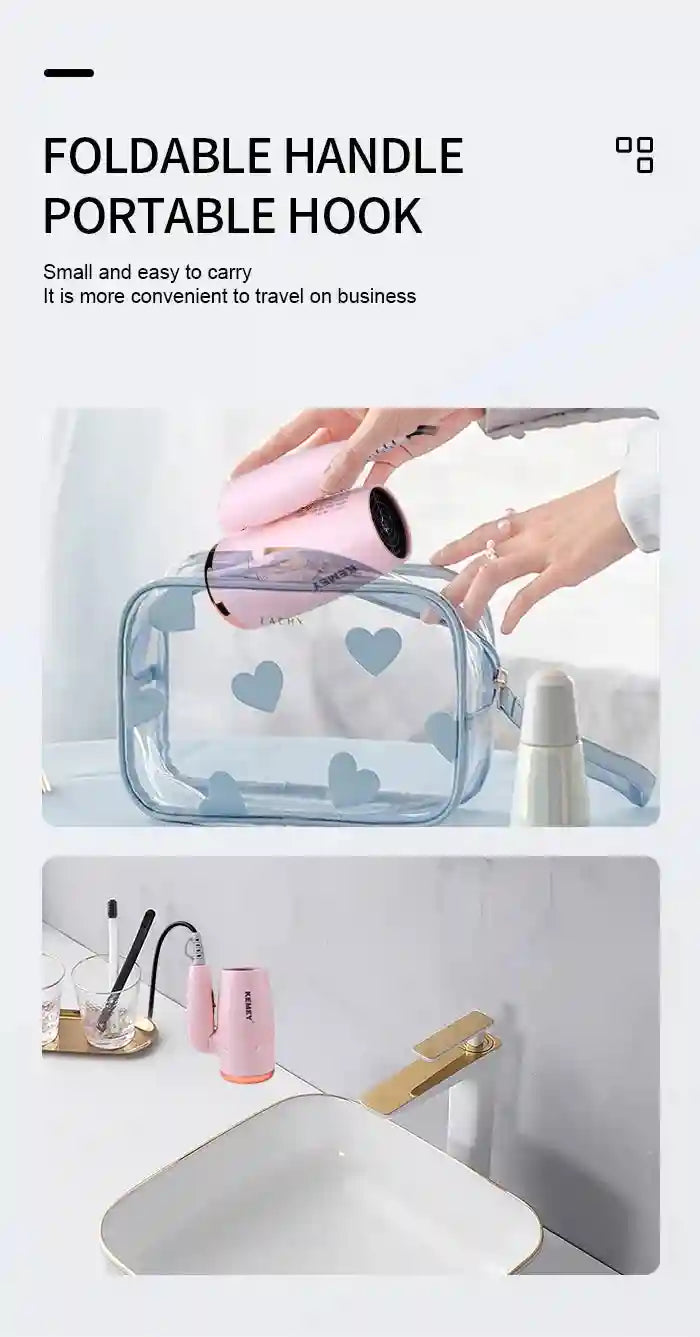 Pink Kemei foldable travel hair dryer packed in a clear case with a portable, compact design for easy storage.