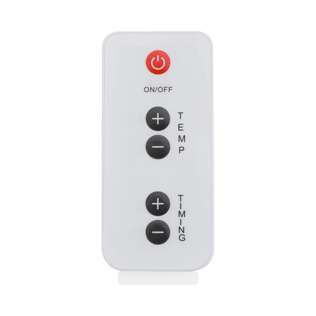 White remote control for 275W therapeutic heat lamp with adjustable temperature and timer buttons for pain relief.