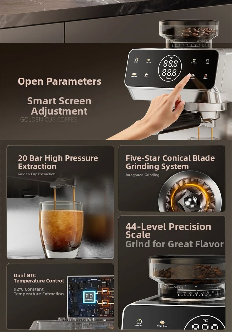 Silver espresso machine with smart touch screen, integrated conical burr grinder, and 20-bar pressure extraction system.