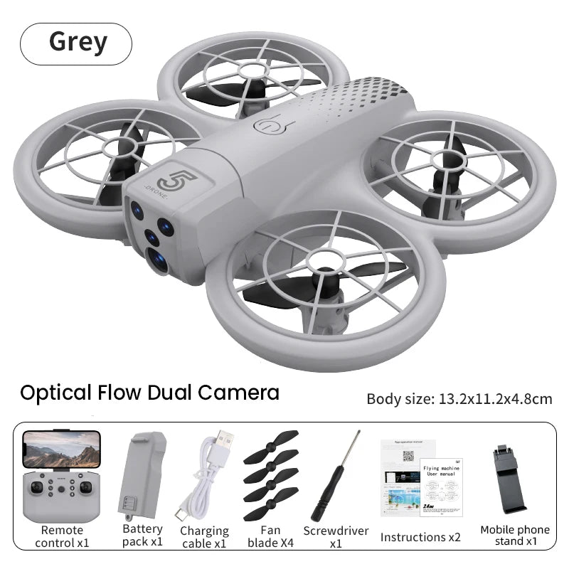 Grey quadcopter drone with dual optical flow cameras and guarded rotors, including remote and accessories.