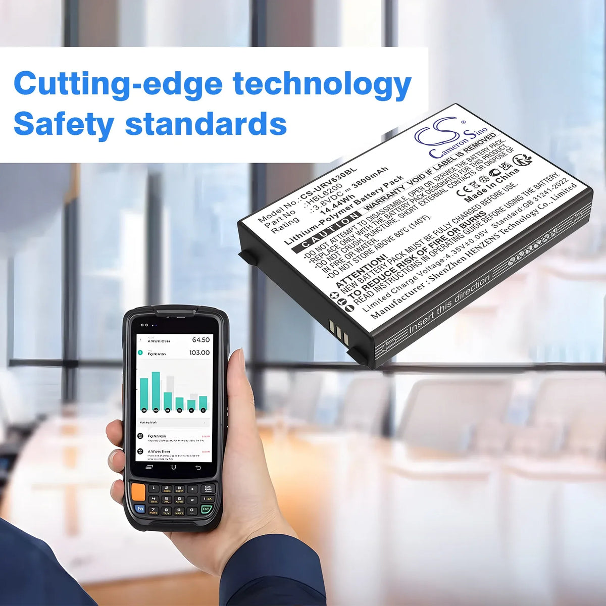Lithium polymer barcode scanner battery pack with label, shown near a handheld scanner