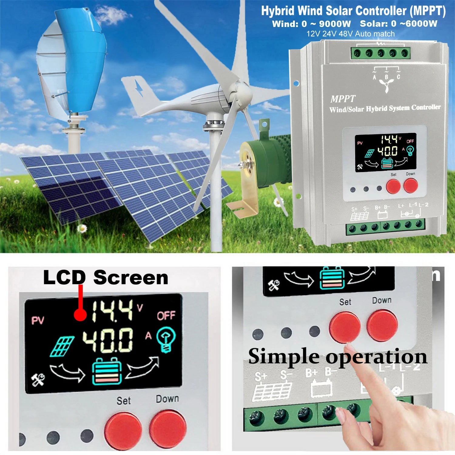 Hybrid Solar Wind Charge Controller MPPT LCD - 2500W to 9000W Options Tidesmit