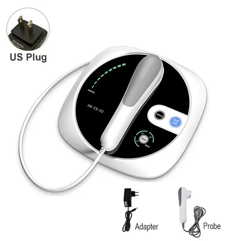 White 1MHz ultrasound physiotherapy device with probe, adapter, and digital interface for joint and muscle pain relief.