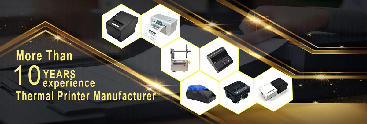 Thermal printer promotional banner with multiple device icons and boxed module photos