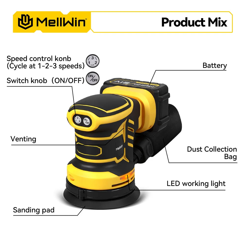 MELLWIN 125MM Electric Orbital Sander Polisher 3 Speeds Adjustable Wood Metal Sanding Polishing Tool For Makita 18V Battery Pin