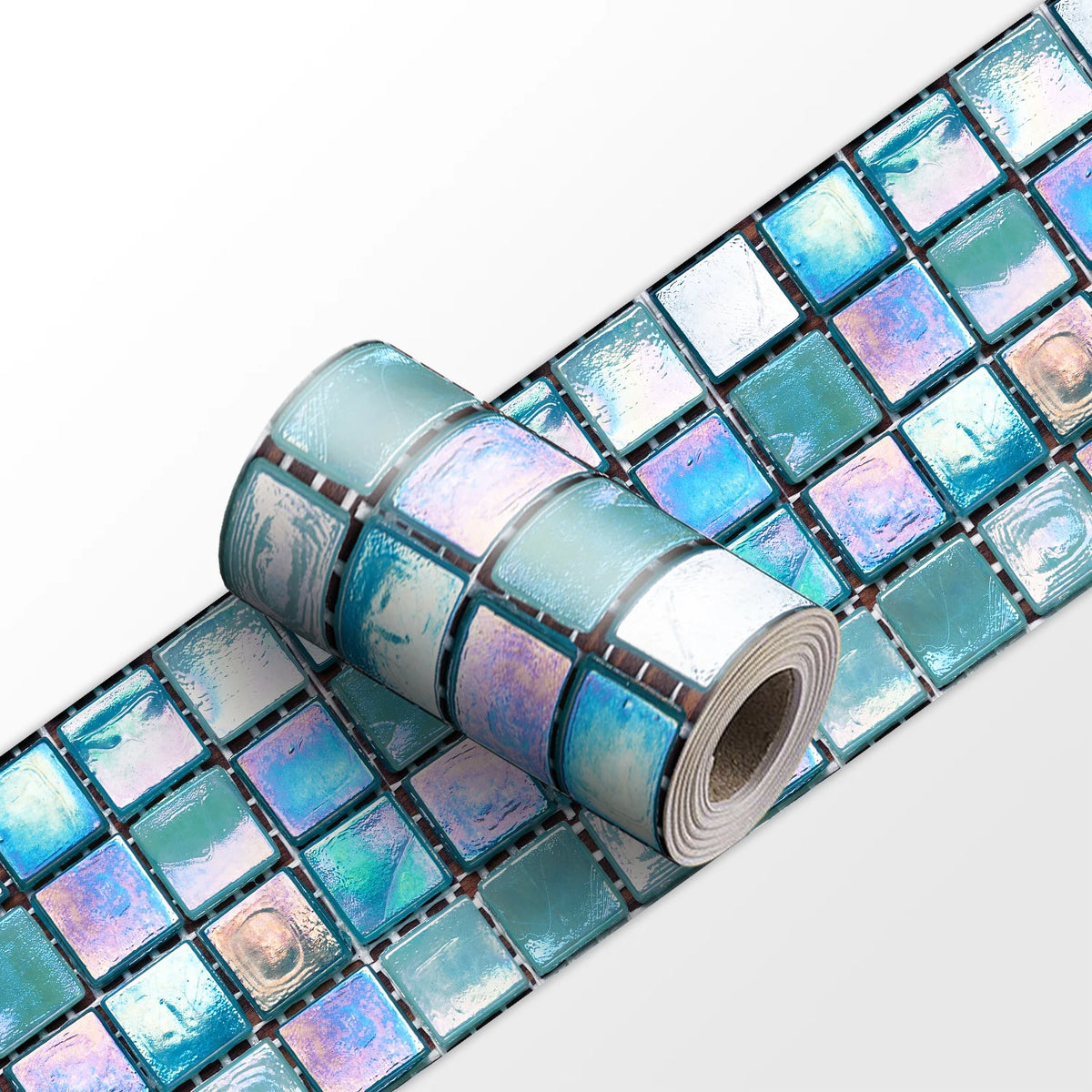Mosaic tile wall sticker strip roll with blue and teal iridescent square tiles