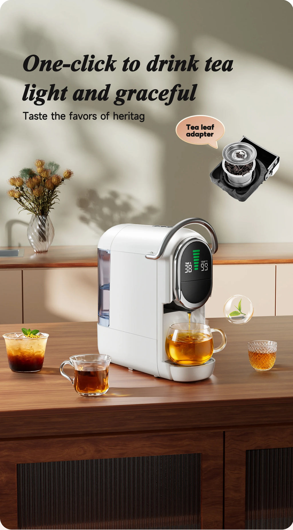 White electric tea maker with digital display, tea leaf adapter, and glass cup on a wooden kitchen counter.