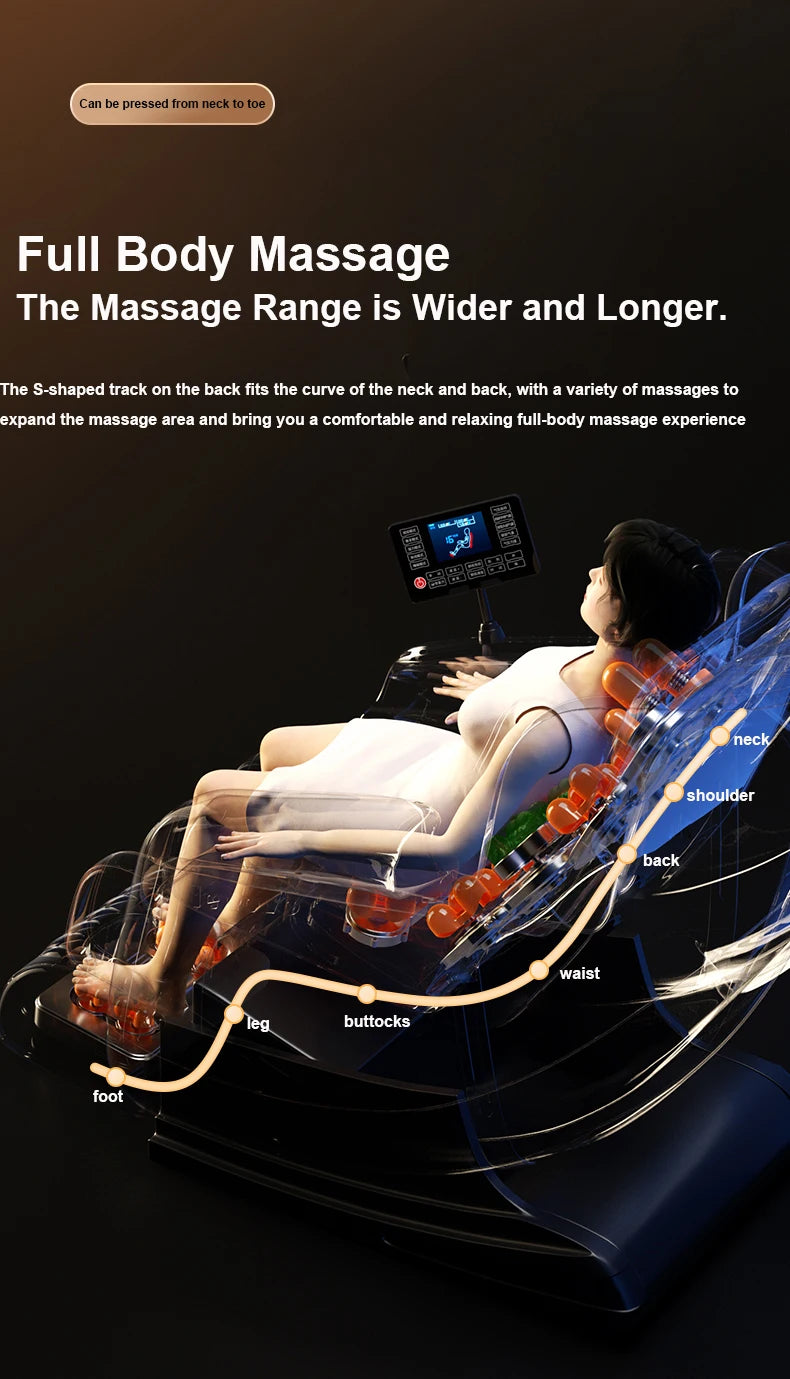 Gray full-body massage chair with multiple orange massage rollers