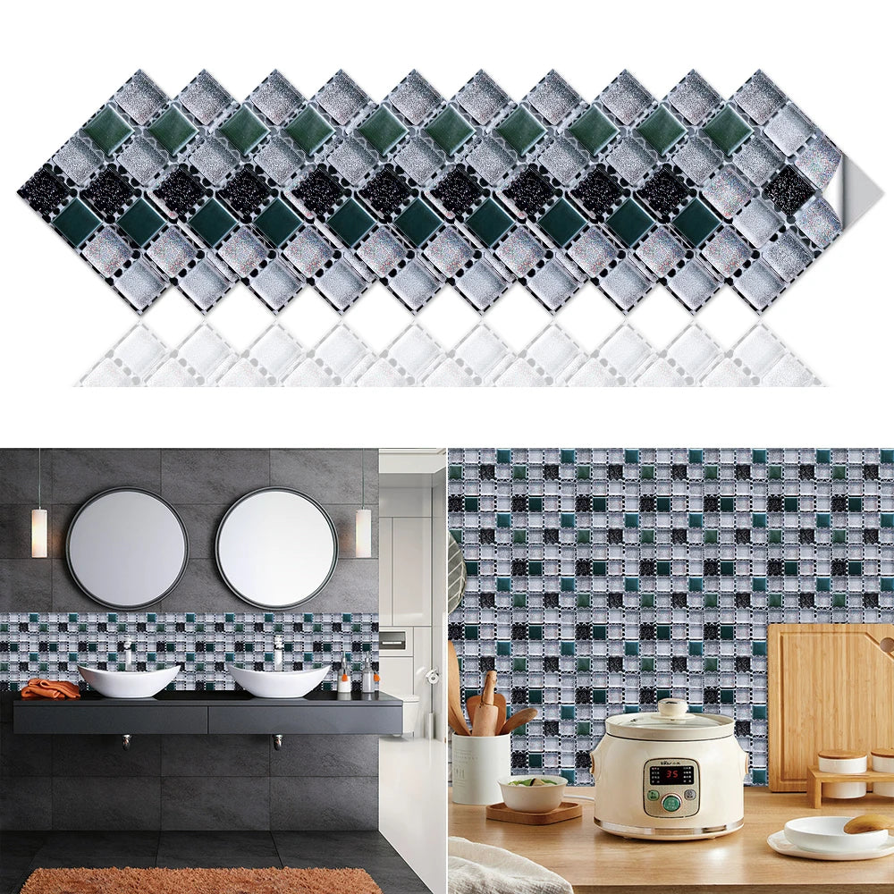 10pcs Flat Mosaic Style Tiles Sticker Kitchen Bathroom Waterproof & Oilproof Art Wall Sticker Peel & Stick Surface Glossy Film