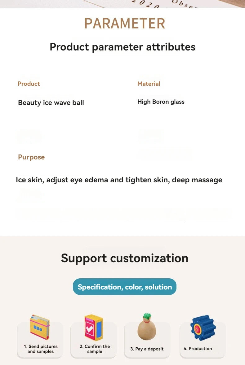 Product information chart for high boron glass beauty ice globes, detailing product specs and customization steps.