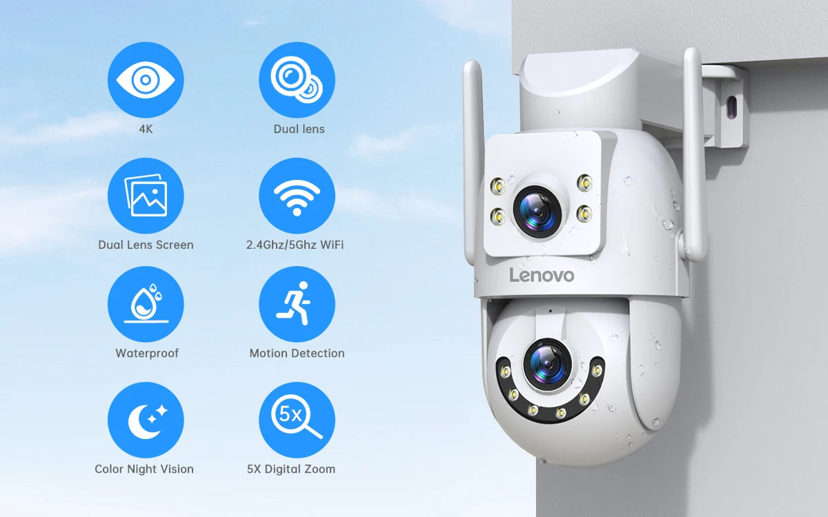 Lenovo 4K PTZ IP Camera Outdoor HD Dual Lens Dual Screen AI Auto Tracking 5G Wifi IP Camera CCTV Audio Video Surveillance