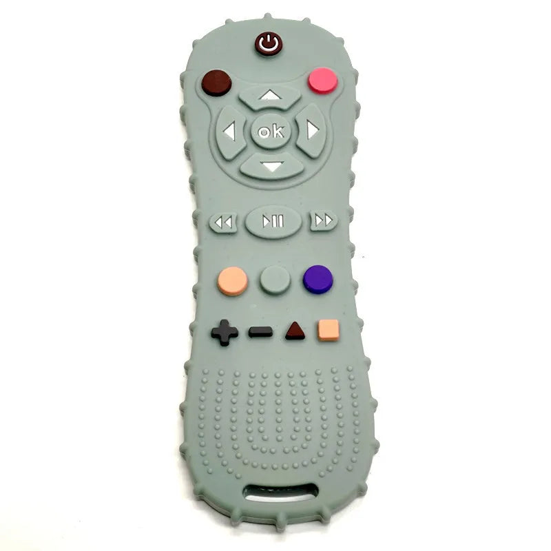 Sage green silicone remote control baby teething toy for soothing sore gums.