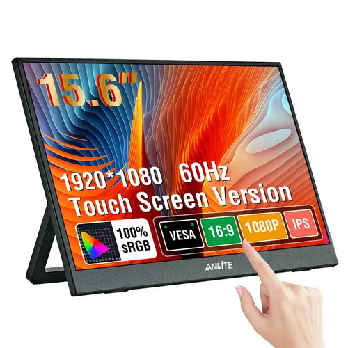 Anmite 15.6-inch portable black touch monitor displaying 1080p resolution and technical specs on its IPS screen.