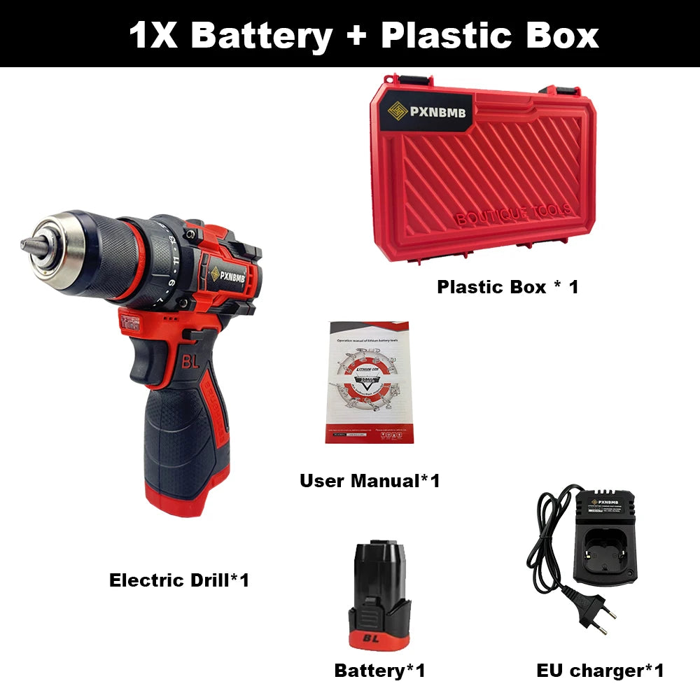 PXNBMB 16.8V 60NM Torque Brushless Electric Drill 10mm Metal Ratchet Chuck Cordless Drill Electric Screwdriver DIY Power Tools