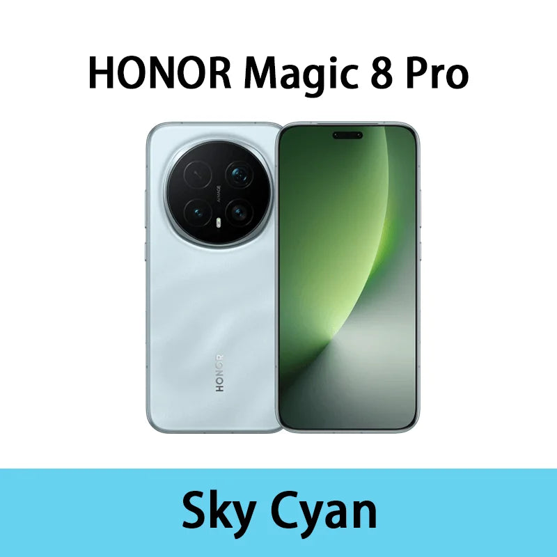 Sky Cyan Honor Magic 8 Pro 5G smartphone showing back camera array and OLED screen display.